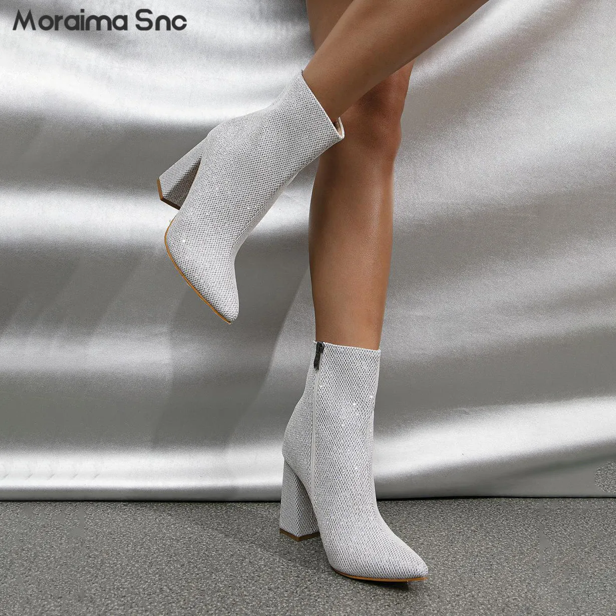 Silver Pointed Toe High Heel Ankle Boots Fashion Chunky Heel Ankle Boots Plus Size Fashion Side Zipper Rider Boots Women's Boots
