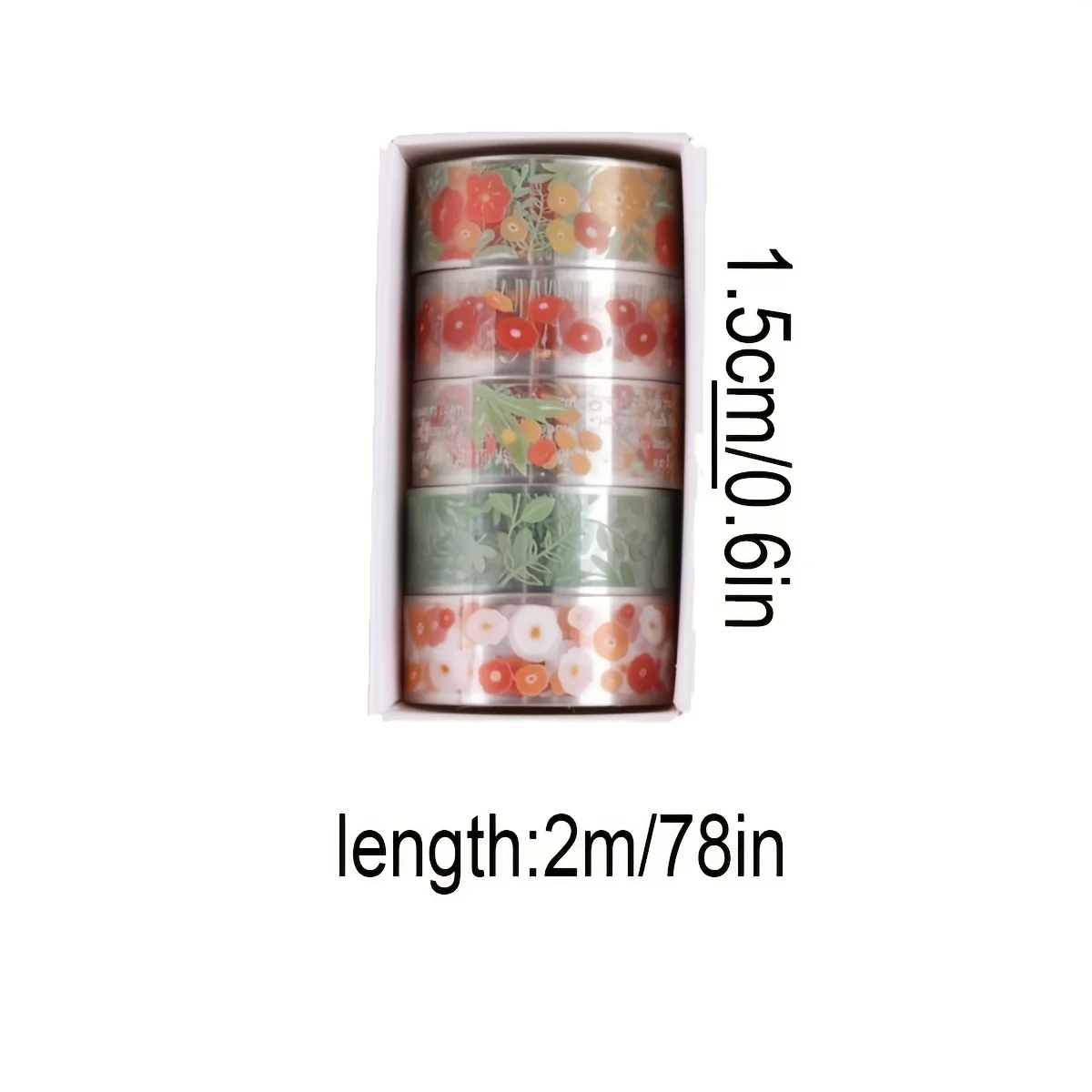 Vintage Flower Washi Tape 5 rolls/box small floral transparent PET material decorative tape must-have gift for friends