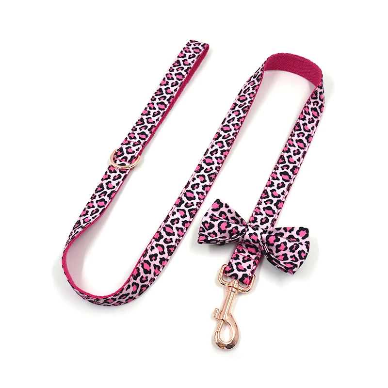 Pink Leopard Dog Harness For Girl Dogs Personalized Name Engraved Pet Collar with Safety Metal Buckles Bowtie Puppy Harness Set dog collar pet harness leash set pet harness set pet leash set