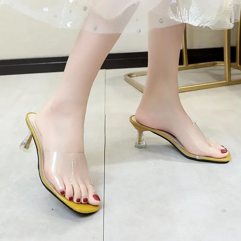 

Summer High Heels Women's Shoes Fashion Transparent High Heels Sexy Hollow Breathable Slippers Square Toe