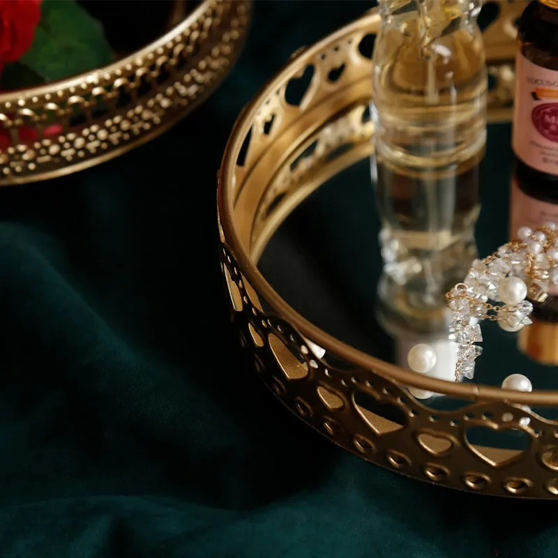 Retro Style Golden Iron Delicate Glass Mirror Base Tray Desktop Jewelry Cosmetic Storage Bedroom Dessert