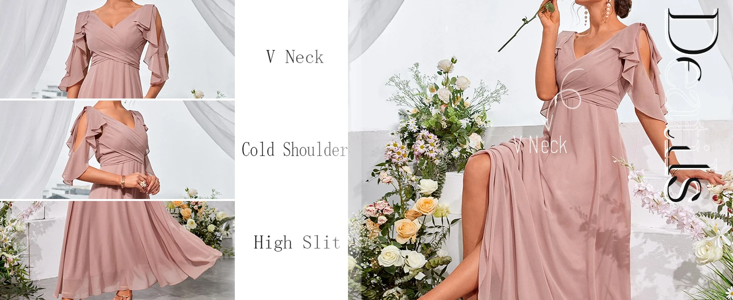 V-Ausschnitt, schulterfreie Brautjungfernkleider für Hochzeitsgäste, A-Linie, gerüschtes formelles Abendkleid