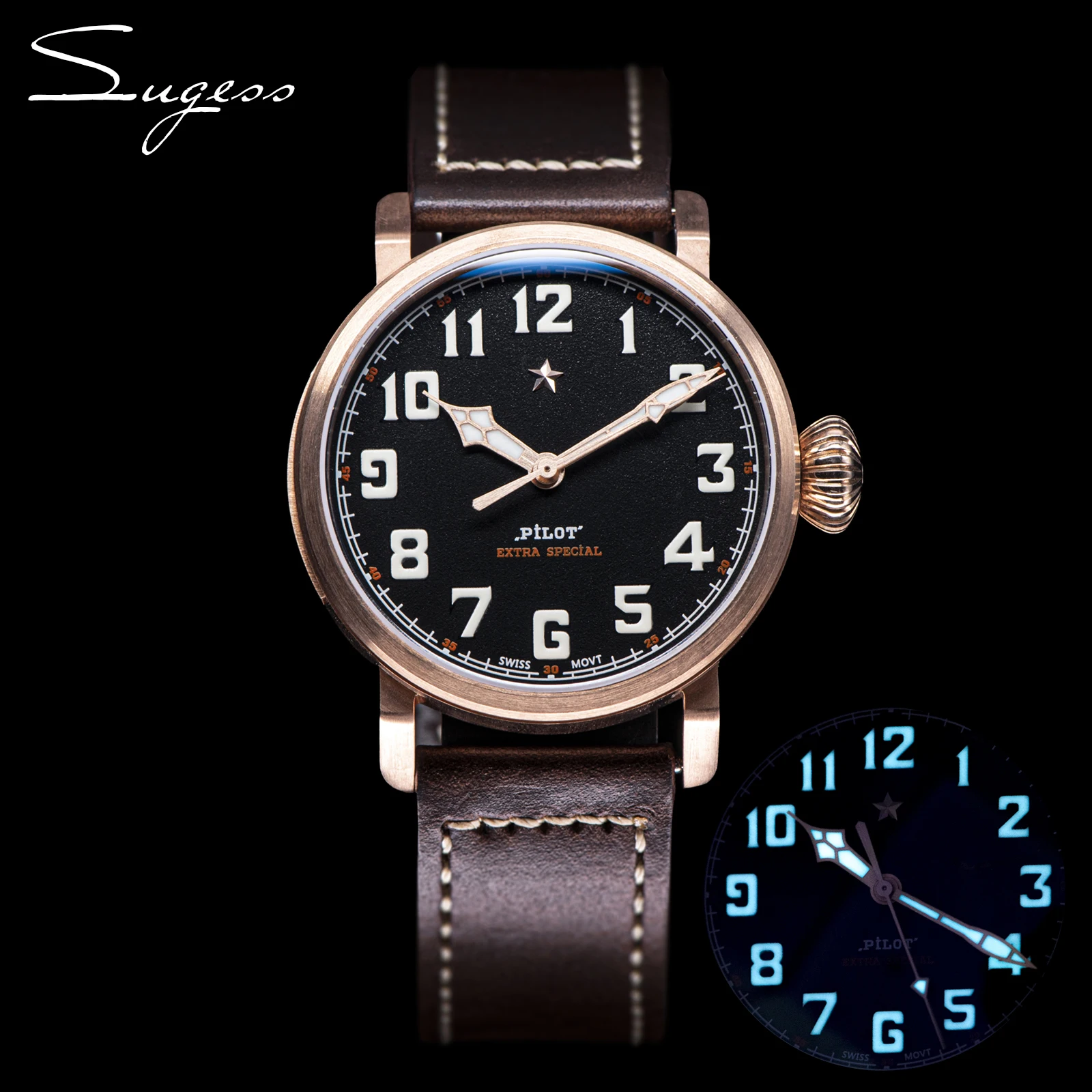 Sugess Pilot Master Watch Original St2130 Movimento Orologio Da Polso Automatico Cusn8 Tin Bronze Sapphire Crystal Skeleton Bgw9 Luminoso
