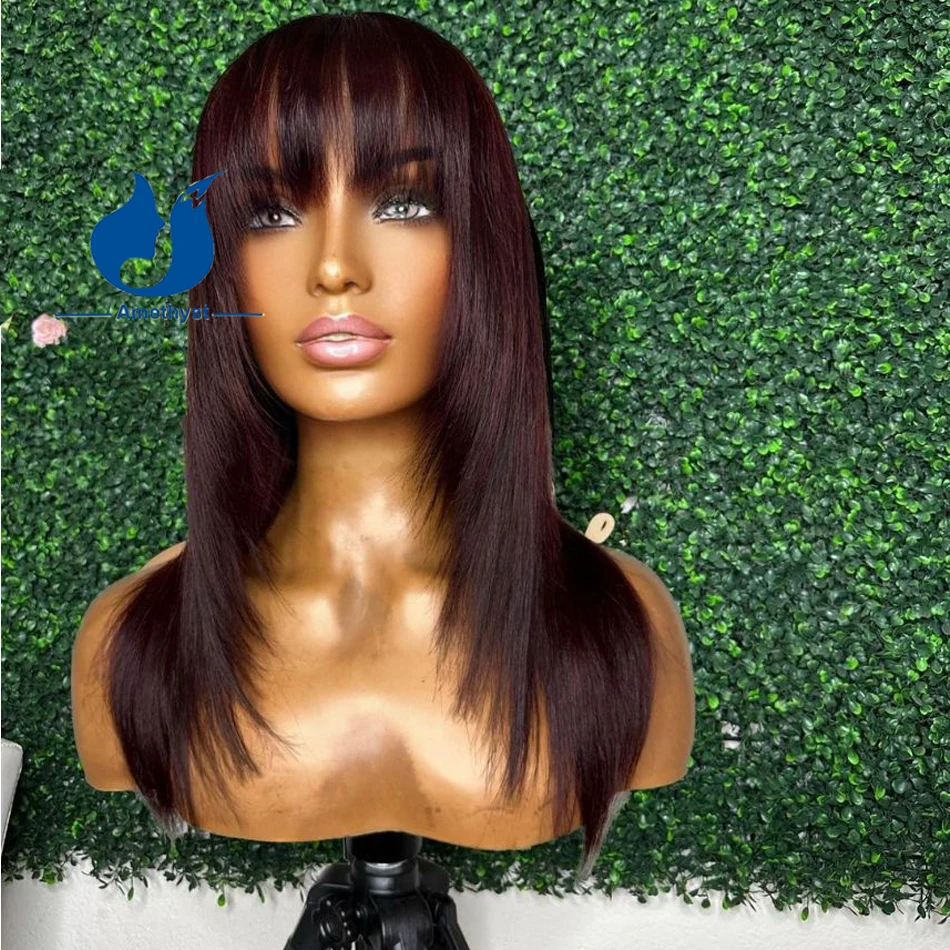 자수정 다크 버건디 레이어드 컷 두피 탑 인모 가발, 흑인 여성용 앞머리 포함, 브라질 무접착제 스트레이트 레미 헤어 99J