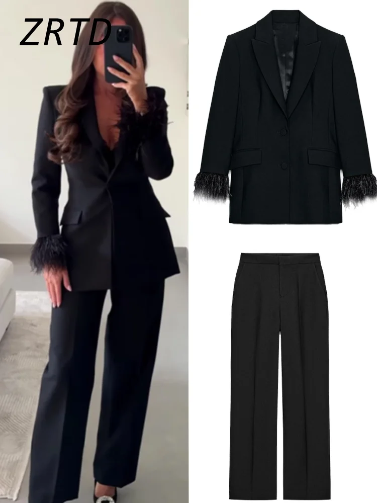 Ensemble Blazer et pantalon en plumes pour femmes, élégant, épaulettes, taille cintrée, vestes de costume, pantalon à jambes larges, costumes de trajet pour dames, automne 2025 1