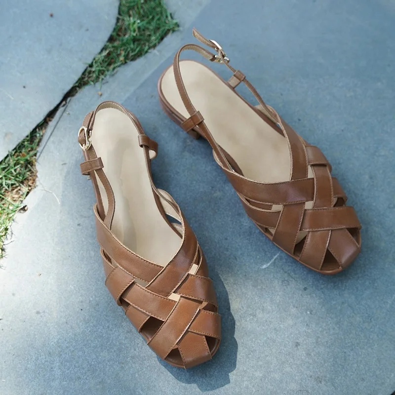 Summer Shoes Leather Woman Sandals Female Retro Buckle Strap
