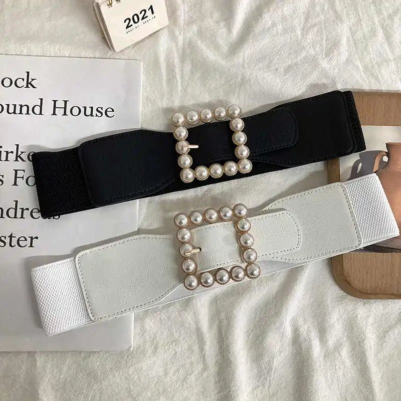 Pearl Waist Belt Women's Stretchable Adjustable Wide Sweater Belt Fashionable Decorative Suit womens dress belt pearl waist belt