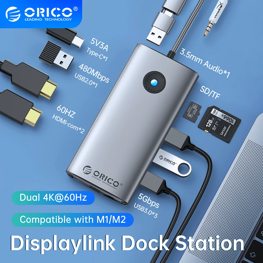 

ORICO DisplayLink Docking Station Type USB C 3.0 To 4K60hz HDMI-Compatible DP PD100W SD Hub Adapter for Apple M1 M2 Windows Mac