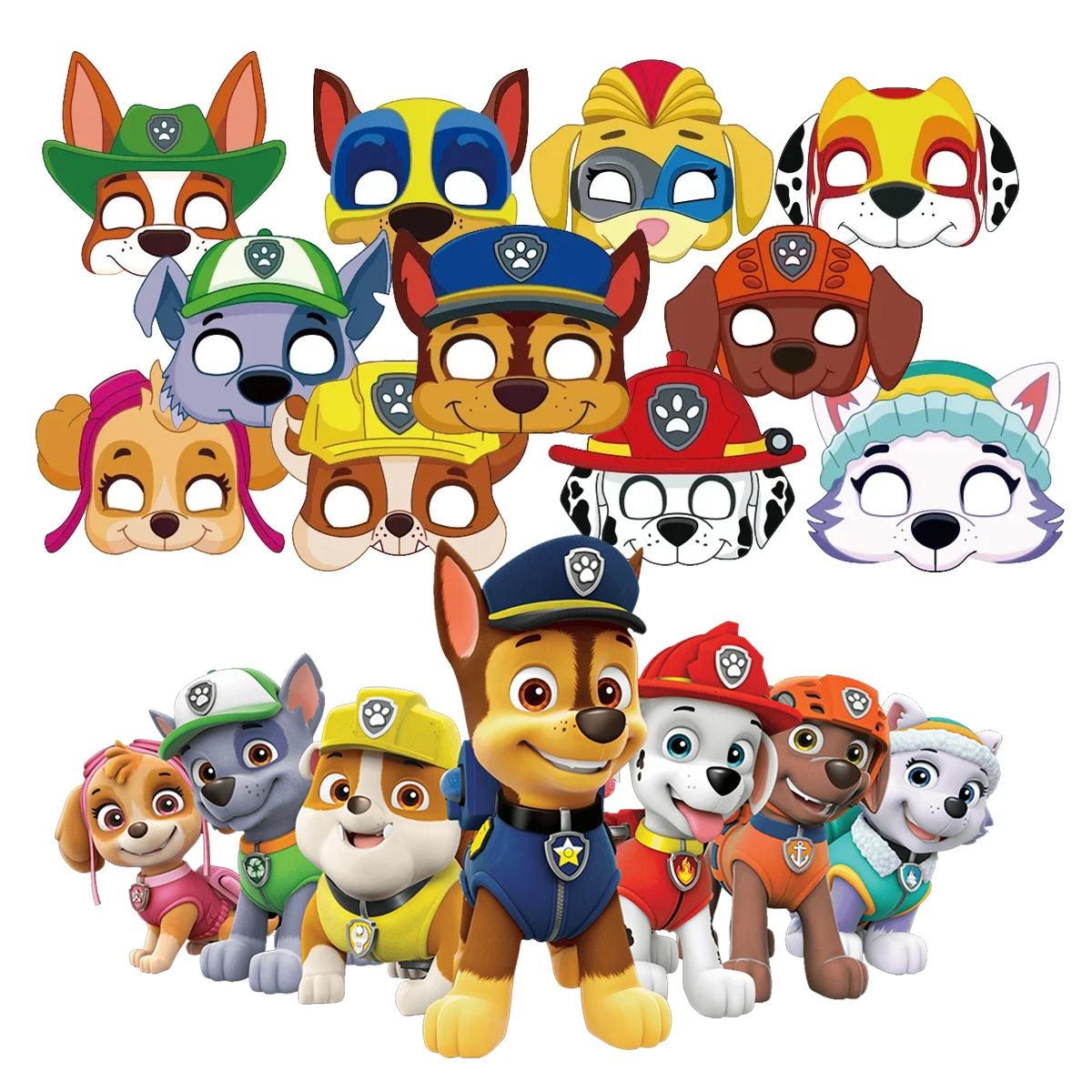 12Pcs Paw Patrol Mask Set Cartoon Chase Syke Birthday Party Mask Cosplay Costumi Di Halloween Fornitura Giocattolo Per Kid Baby Shower Decor