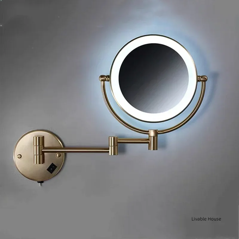 bathroom Makeup Mirrors Black/Brushed Gold Brass Wall Extending Folding Double Side LED Light Mirror Magnification Bath Mirror 4