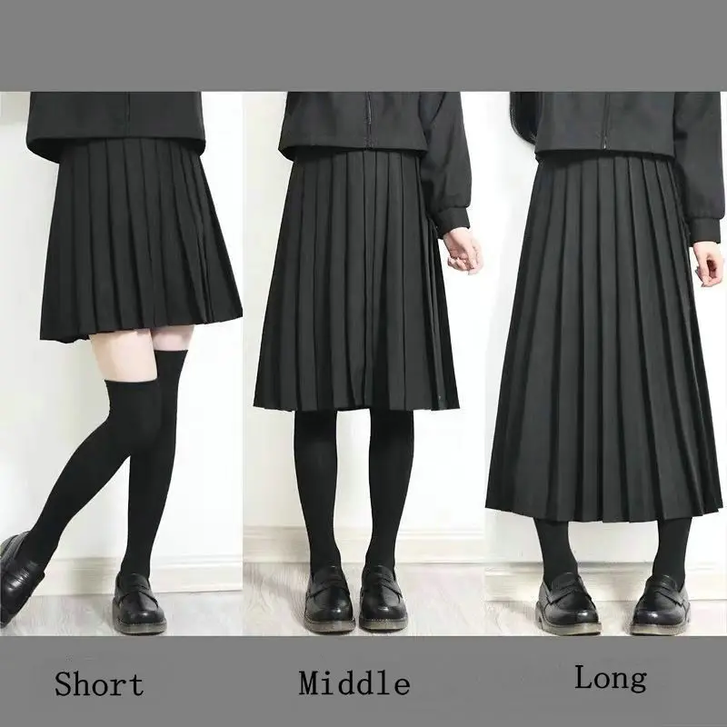 Japanese Schoolgirl Skirt Japanese School Uniform Elastic Waist Japanese Student Girls School Uniform Solid Color Suit Pleated Skirt Short/Middle/Long High School Dress