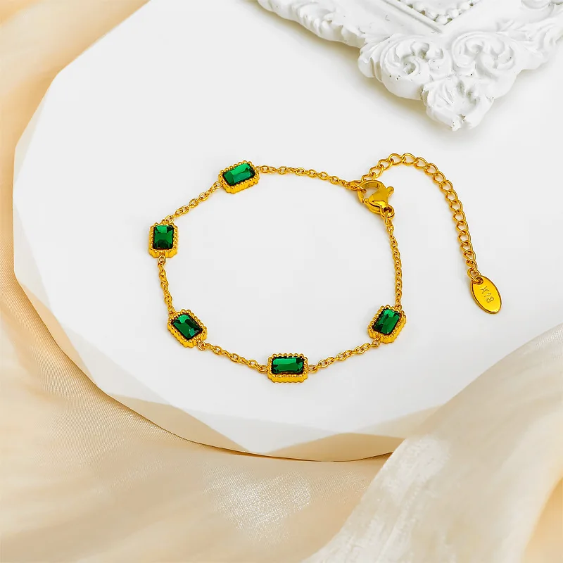 

Green Zircon Bracelet for Women Fashion Simple Gold Color Stainless Steel Chain on Hand Bangle Jewelry Gifts Wholesale