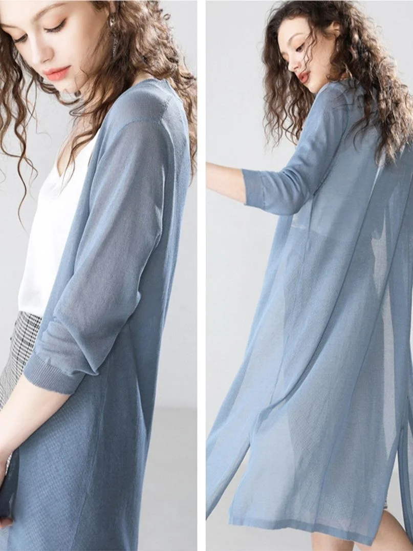 

2022 New Women Long Cardigan Poncho Summer Autumn Thin Silk Knitted Cardigans Female Knitted Sweater Casual Loose Coat Jacket