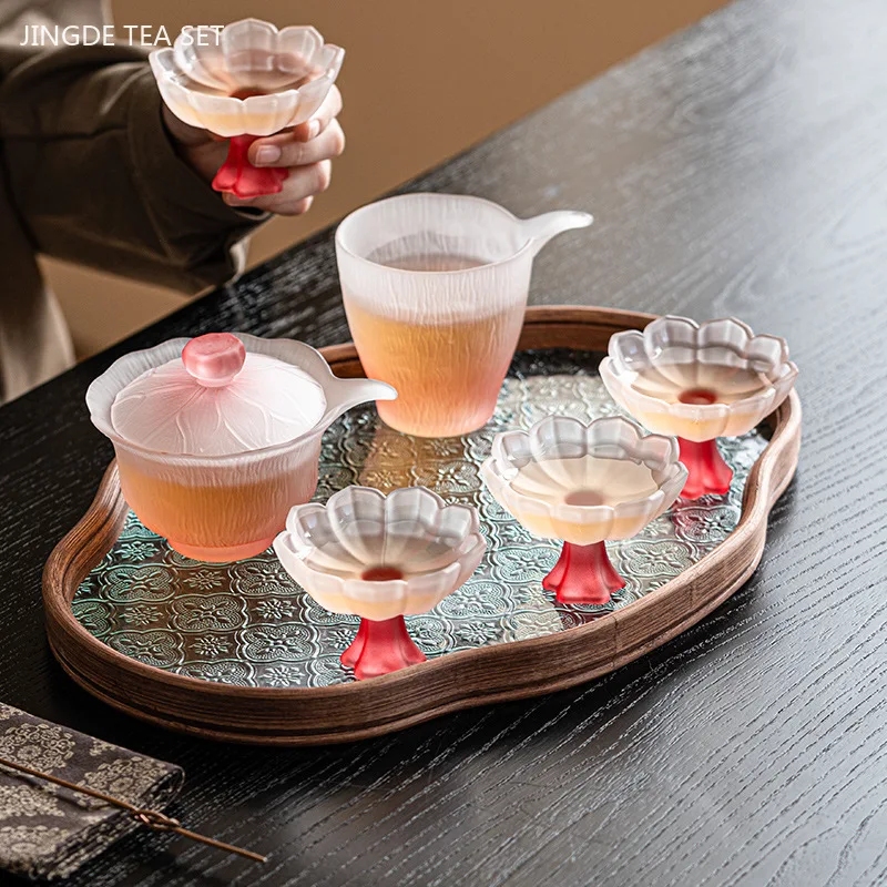 Pink Glass Tea Set Home High Temperature Gaiwan Fair Cup Teacup Set Chinese Exquisite Teaware Set Boutique Beauty Tea Infuser