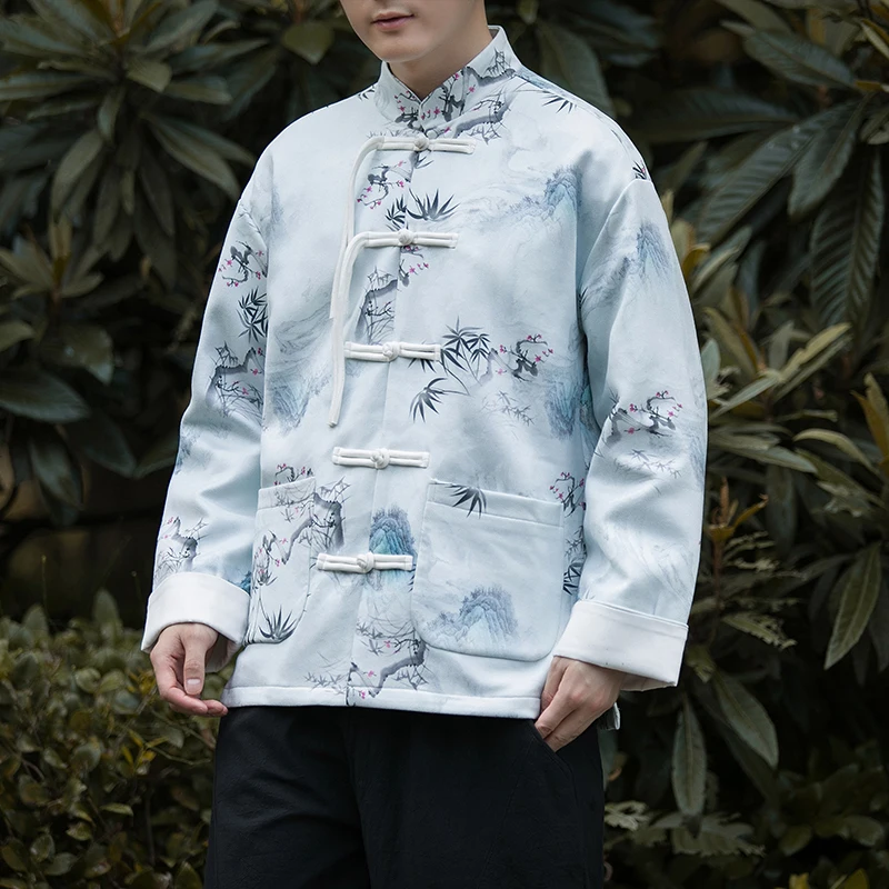 

Chinese Style Men Traditional Tang Suit Hanfu Coat Men Sinicism InkPainting Bamboo Print Jacket Mens Jacket with Stand-up Collar