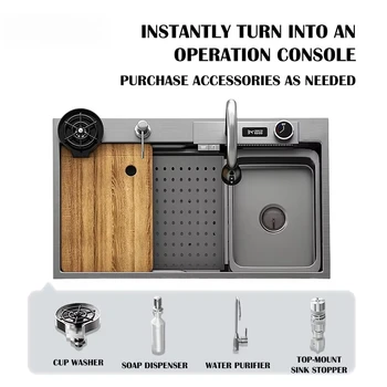 อ่างล้างจานสแตนเลสสตีลแบบโมเดิร์น งานแฮนด์เมด หนาพิเศษ พร้อมก๊อกน้ำ ผิวเคลือบนาโน แบบอ่างเดี่ยว 2