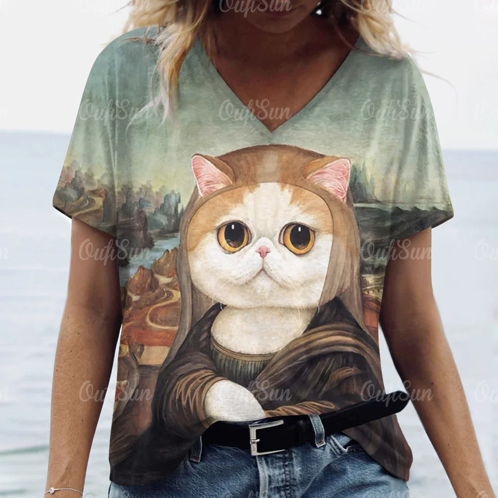 

Art Cat Women's T-Shirt Graffiti Cat Short Sleeve Kawaii Female V-Neck Pullover Fashion Y2k Shirt Ladies Tops Summer Clothing