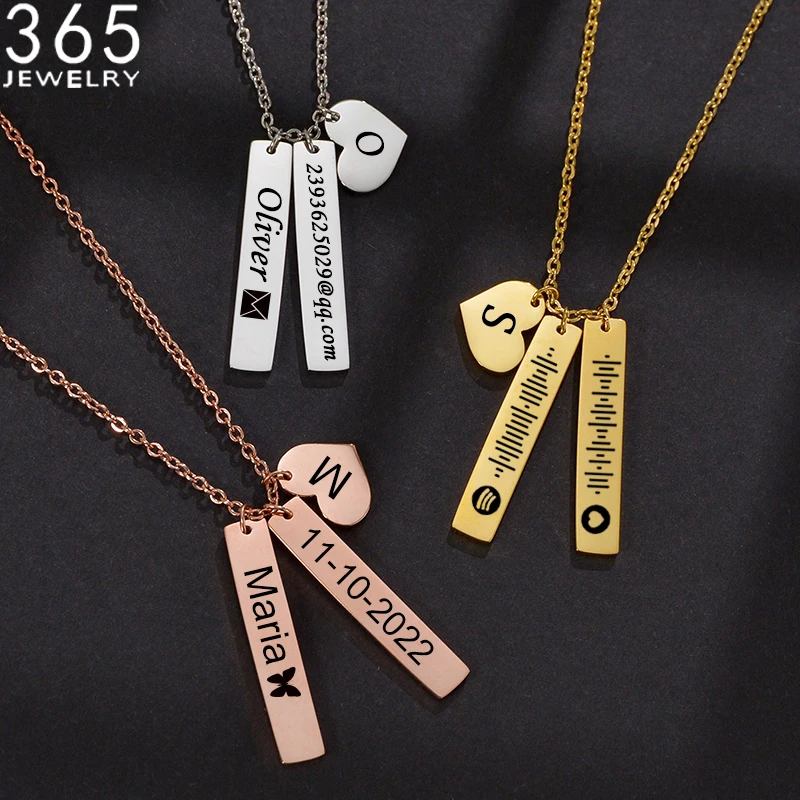

New Two Rectangles Heart Engraved Name Date Number Necklace Stainless Steel Customized Necklaces for Women Personalized Jewelry