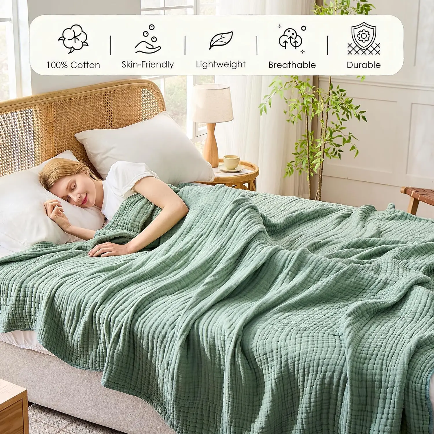 100% Cotton Muslin Blanket,6-Layer Soft Throw for Bed Couch,Breathable Lightweight Blankets for Adults Hot Sleepers,Room Decor - 2