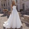 Classic Square Neck Wide Straps Wedding Dresses Sleeveless Open Back Beading Pearls Satin A Line Floor Length Vestidos De Novia 1