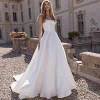 Classic Square Neck Wide Straps Wedding Dresses Sleeveless Open Back Beading Pearls Satin A Line Floor Length Vestidos De Novia 1