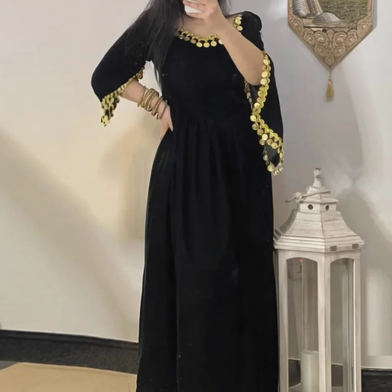 فستان سهرة عتيق بفتحة ترتر نصف كم فستان كاجوال برقبة مربعة وخصر عالي وطيات فستان ماكسي جديد للحفلات الصلبة