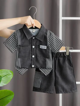2-piece baby summer shorts imitation denim woven black shirt patchwork black and white striped cardigan top set 1