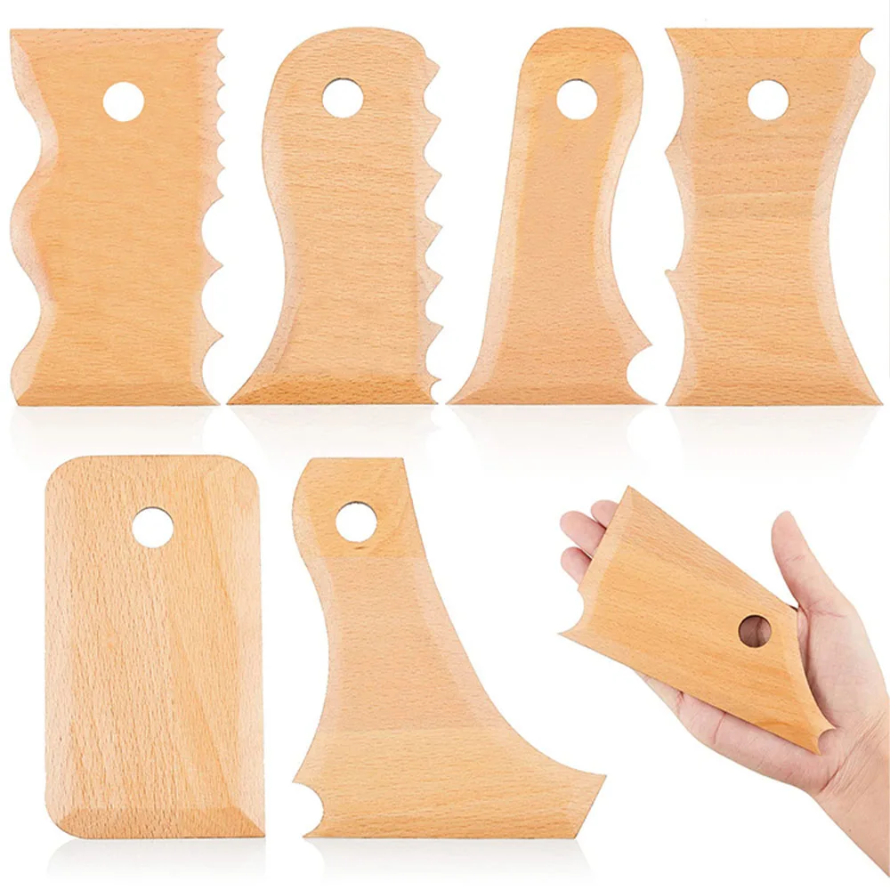 7 PCS Pottery Trimming Tools Pottery Clay Foot Shaper Tools Wooden Texture Profile Rib Bundle Foot Shaper