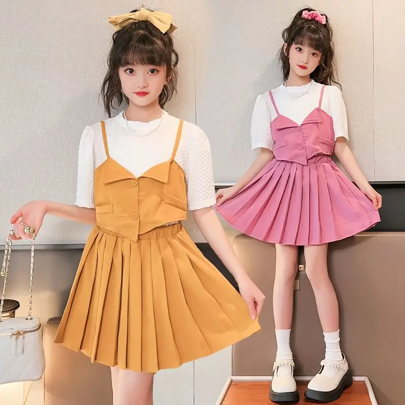 

Плиссированные юбки, сарафан, платье-комбинация, лидер продаж, летний костюм для маленьких девочек в Корейском стиле, Однотонная футболка с коротким рукавом, детский Модный комплект, одежда