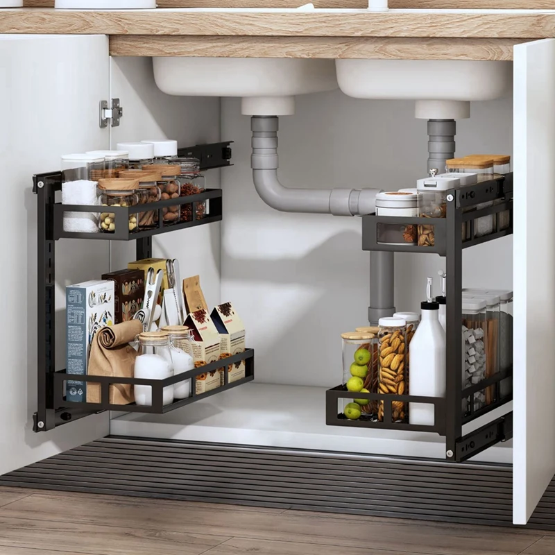 30CM Two-Tier Kitchen Sink Storage Rack With Pull-Out Baskets For Bathroom Organization