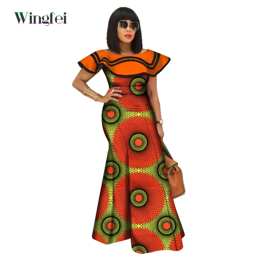 Bazin Riche African Print Dresses for Women Splice Ruffle Neck Long Maxi Dresses Dashiki African Women Clothing WY2550