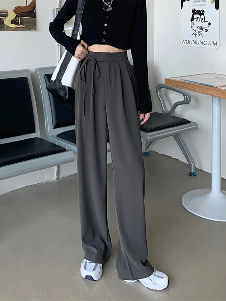 

Grey Suit Pants Women's Spring and Autumn High Waist Sag Loose Straight Casual Wide Leg Pants Small Floor length Pants