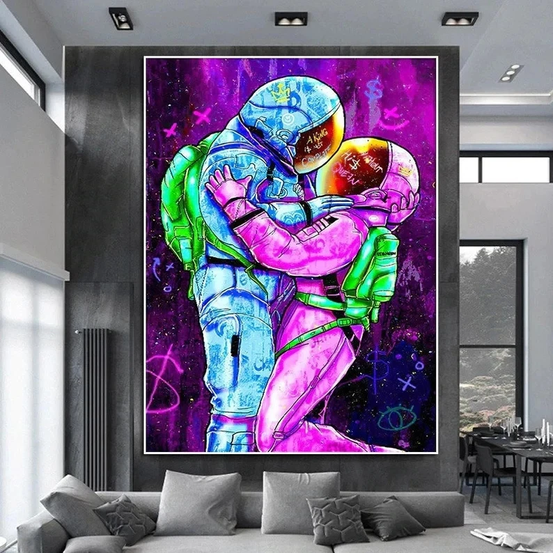 OuElegent Space Canvas Wall Art Universe Astronaut Painting Picture Colorful  Graffiti Print Artwork for Modern Home Living Room Bedroom Decor Stretche 