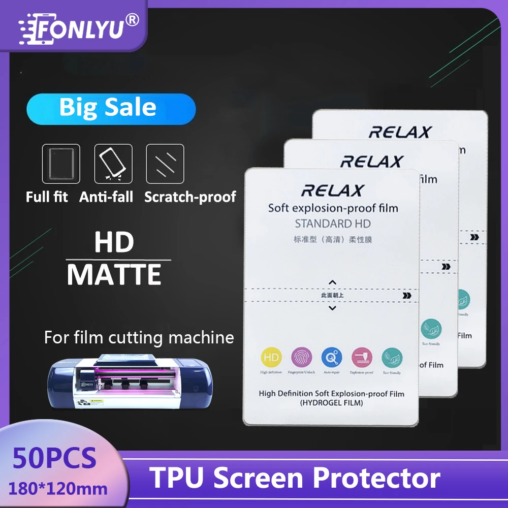 

FONLYU 50PCS HD Matte TPU Flexible Hydrogel Film Cell Phone Flat Curved Screen Protector Sheet For Blade Cutting Machine Plotter