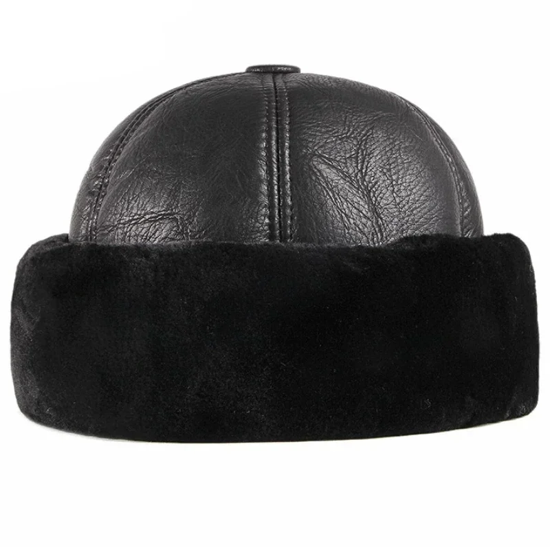 1 Stück Dicke Outdoor Warm Winter Hut Männer Schwarz Pelzleder Russische Männliche Winddichte Schnee Ski Cap Fleece gefüttert – Detail 2