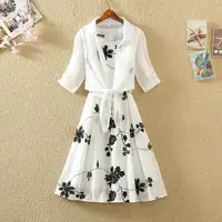 New Elegant Suit Two-piece Dress High Waist Sleeveless Slim A-line Skirt Floral Embroidery White Top Bow Belt Vintage  WOMEN - Image 3