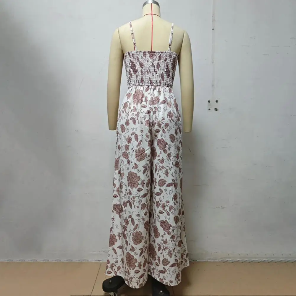 Floral Jumpsuit Floral Print V Neck Jumpsuit for Women Wide Leg Summer Romper with Elastic Waist Spaghetti Straps for Vacation