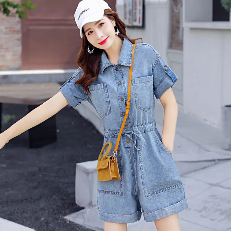 Denim Jumpsuit Women's 2022 Summer New Invisible Open Crotch Wide Leg Short Popular High Waist Casual Work Pant Playsuit Rompers