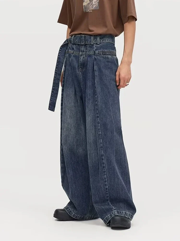 HOUZHOU Baggy Jeans Men Distressed Denim Wide Leg Pants Pleated Oversize Hip Hop Trousers Male Korean Streetwear Men Clothing