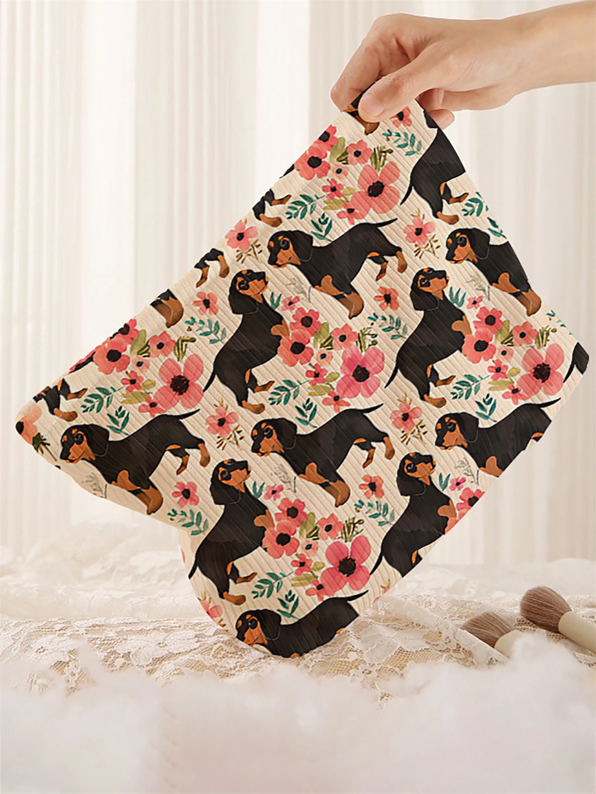 1 cartoon dog pattern corduroy makeup bag, lightweight zipper makeup storage box, multifunctional bag with lining