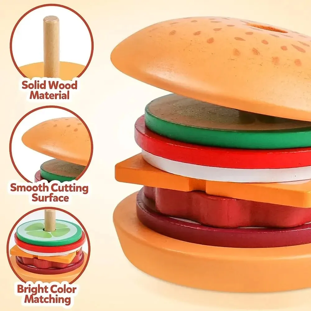 Wooden Stacking Toys Hamburger Shape Cognition Matching Kitchen Toys For Children
