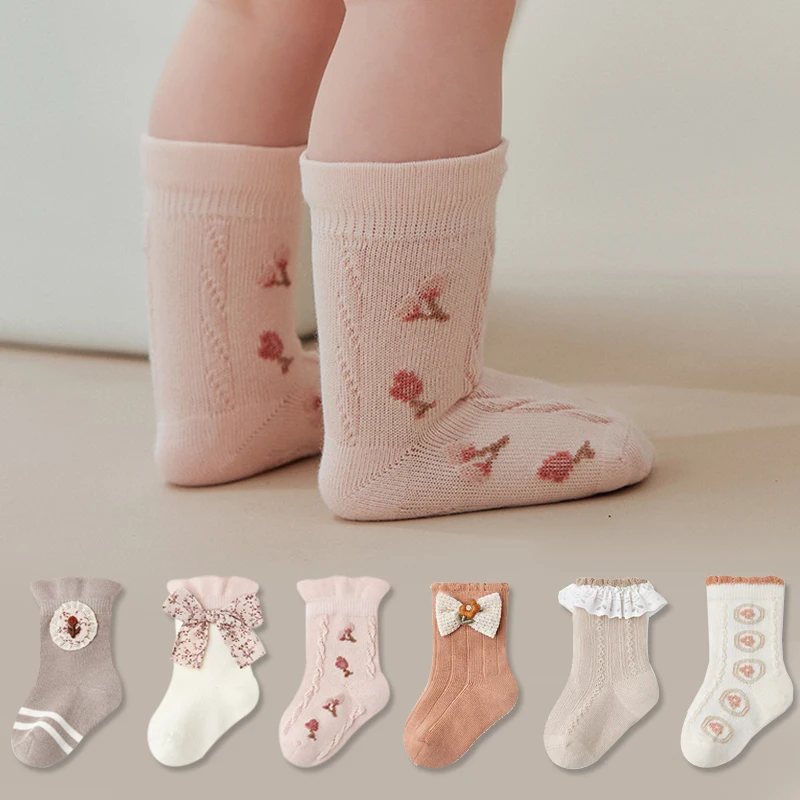 3 Pairs Baby Girl Socks Soft Flower Girls Socks Breathable Bow Floral Kids Children's Socks For Girls 0-3 Years