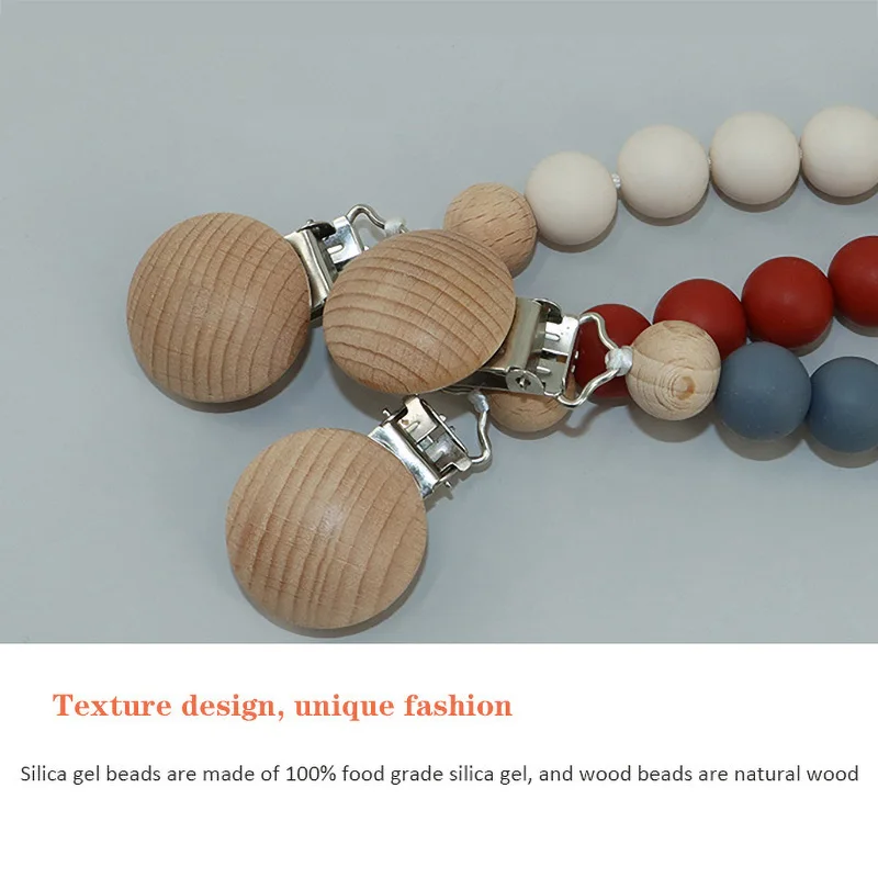 Silicone Pacifier Chain BPA Free Baby Pacifier Anti-Drop Chain Wood Bead Clips Dummy
