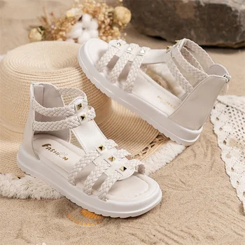 아름다운 여아용 여름 공주 샌들, 부드러운 패션 어린이 귀여운 리벳, 우아한 학생 할로우 편안한 워킹화