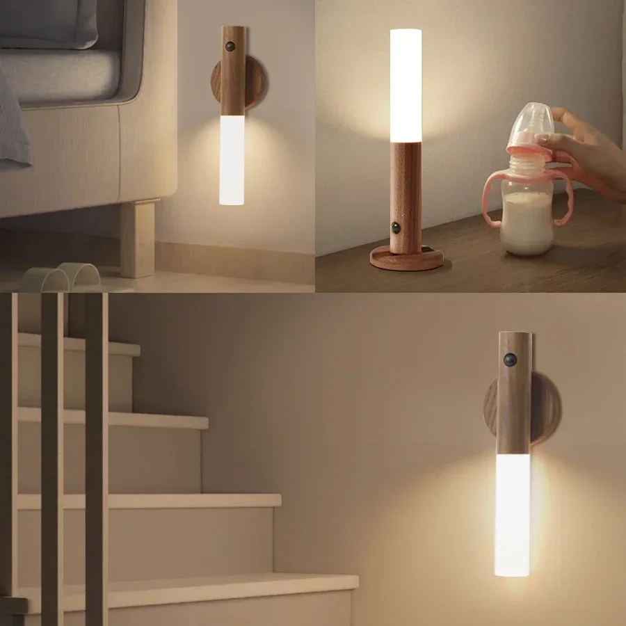 PIR Motion Sensor LED Night Lights Rechargeable Wireless Magnetic Wall Lamp For Bedroom Stair Hallway Kitchen Cabinet Lighting
