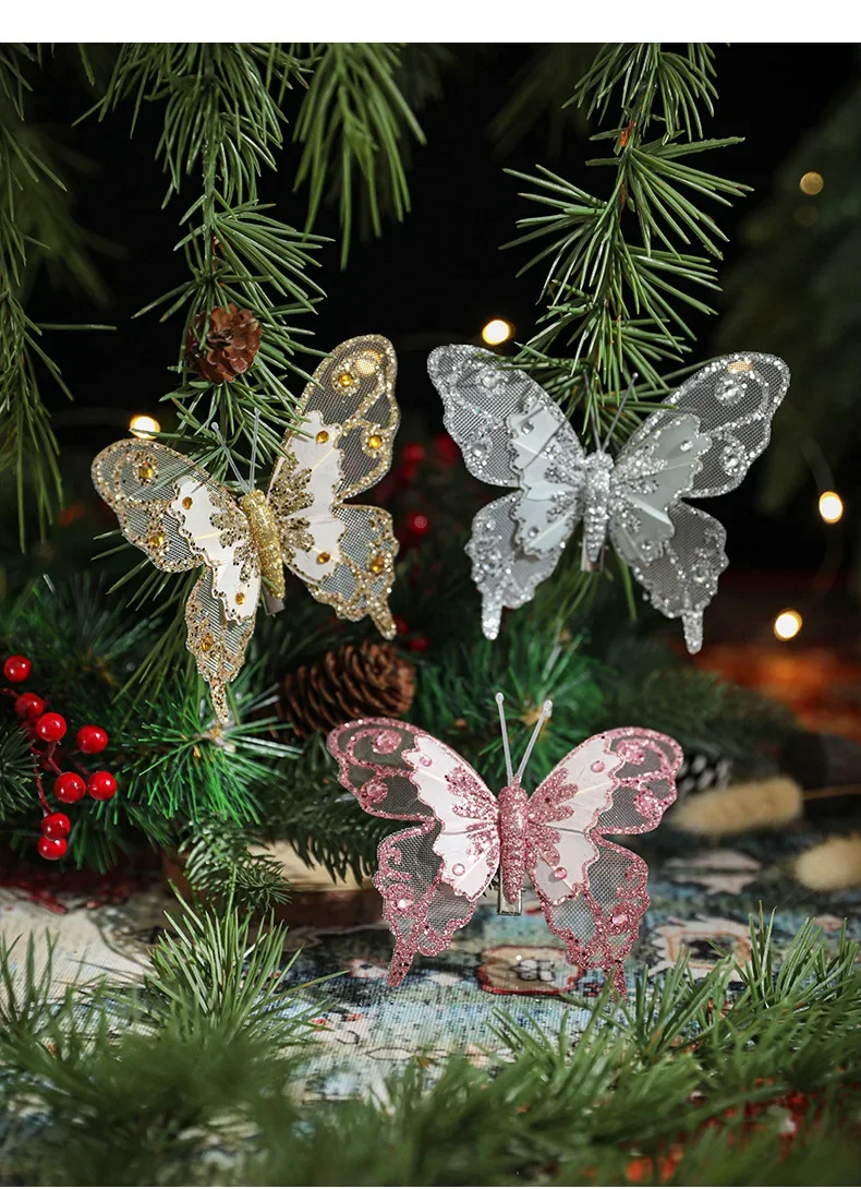 Christmas Tree Decoration Butterfly Hanging Pendant Glitter Red Gold Ornament for Navidad Noel New Year Home Party Decor