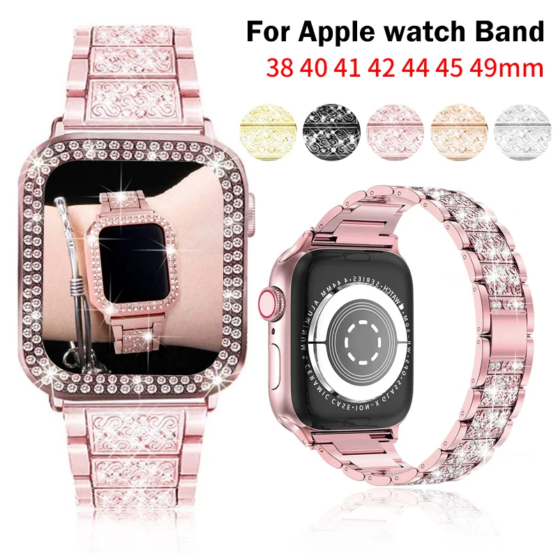 

Мерцающий ремешок для Apple Watch band 40 мм 44 мм 41 мм 45 мм 38 мм 42 мм 40 мм, металлический бриллиантовый браслет для iWatch series 8 3 5 6 se 7,