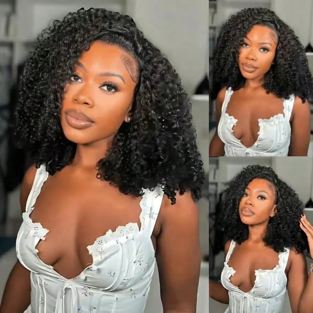 Kinky Curly Halbperücke aus Echthaar, nahtlose Jerry Curly 3-in-1 Halbperücke, kleberlose Haarband-Clip-in-Perücke, sofort tragbar, für Anfänger geeignet – Detail 7