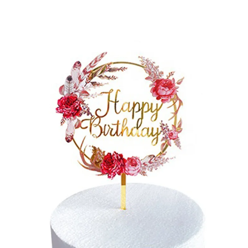 Happy Birthday Cake Card Arylic Flower Decorations INS Birthday Grand Event  Party Baking Cake Topper Decorating Tools Supplies