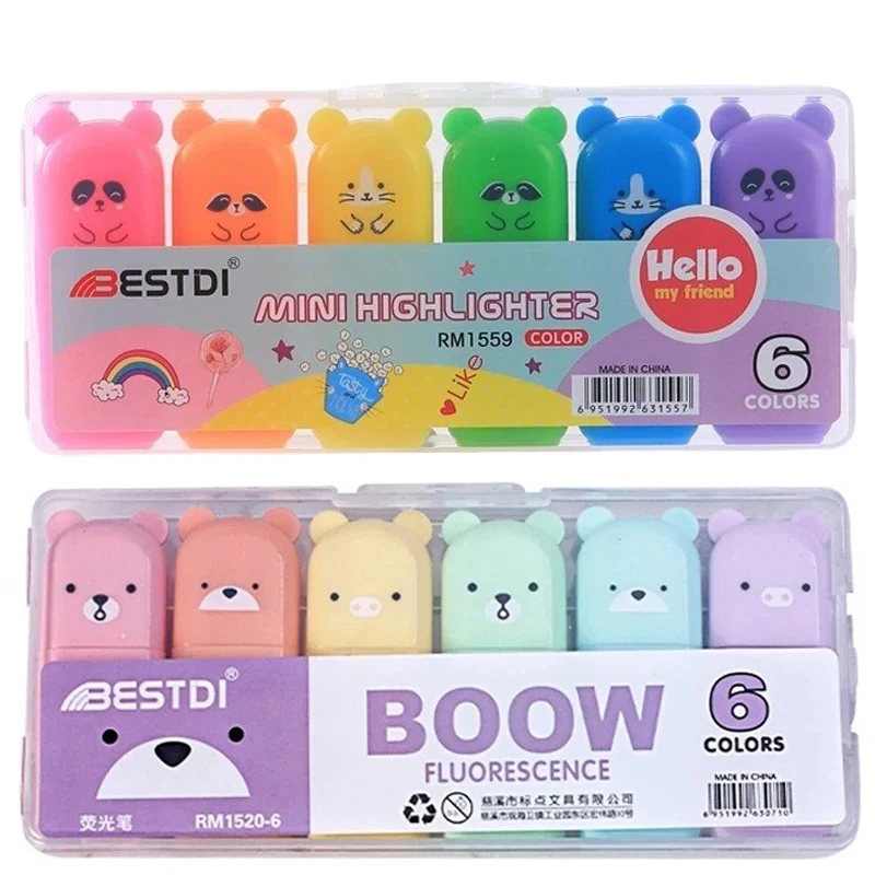 색상 귀여운 곰 형광펜 세트 미니 마커 펜 어린이 문구 학생 그림 그리기 도구 학생 학교 용품 신제품
